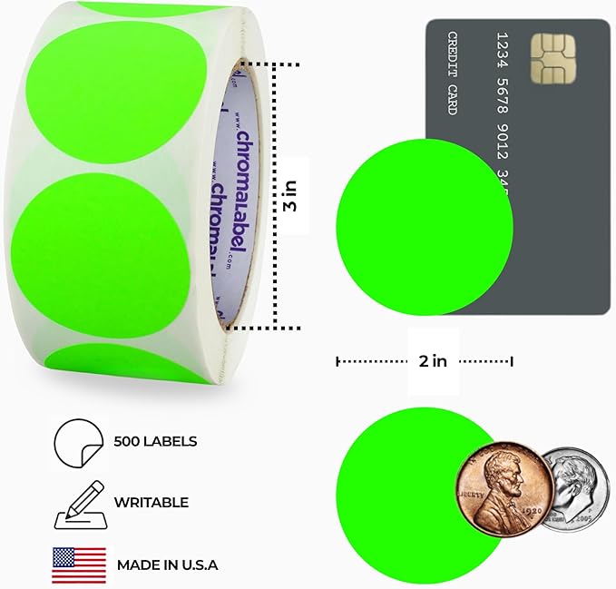 ChromaLabel 2 Inch Color Coded Stickers, Color Coding Label Dots, Fluorescent Green Write On Label, Permanent Circle Stickers, 500 Round Labels per Roll