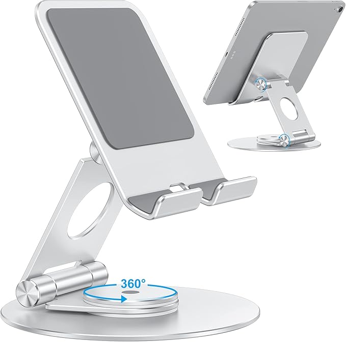 OMOTON T6 Swivel Tablet Stand for iPad with 360 Rotating Base, Foldable Adjustable Holder for Drawing, Compatible with iPad Pro/Air/Mini and More, Silver
