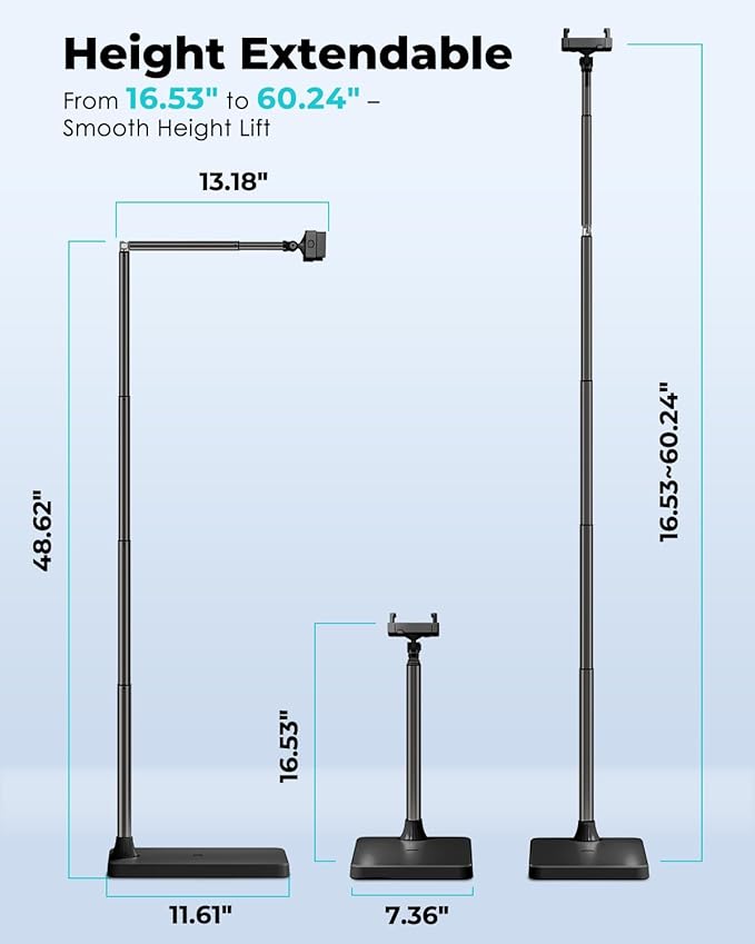 Viozon Tablet Floor Stand, Height & Angle Adjustable Tablet Holder with Aluminum Alloy Arm Tube, 360° Rotation for Bed, Sofa, Desk, Compatible with 3.5-11'' iPad Pro/Air/Mini, iPhone 15/14, Kindle，B