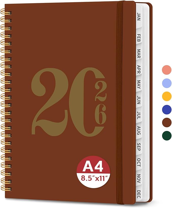 2026 Planner, Weekly and Monthly Calender Planner, Jan 2026 to Dec 2026, Hardcover 2026 Calendar Book with Tabs & Inner Pocket, Office Home School Supplies for Women & Men - A4 (8.5" x 11"), Rust Brown