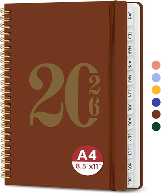 2026 Planner, Weekly and Monthly Calender Planner, Jan 2026 to Dec 2026, Hardcover 2026 Calendar Book with Tabs & Inner Pocket, Office Home School Supplies for Women & Men - A4 (8.5" x 11"), Rust Brown