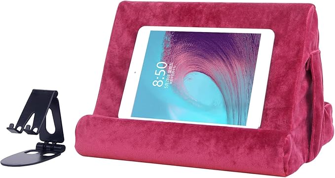 Multi-Angle Tablet Stand with Soft Pad and Net Pocket - Universal Phone and Pad Holder for Lap, Knee, Sofa and Bed (Wine Red)