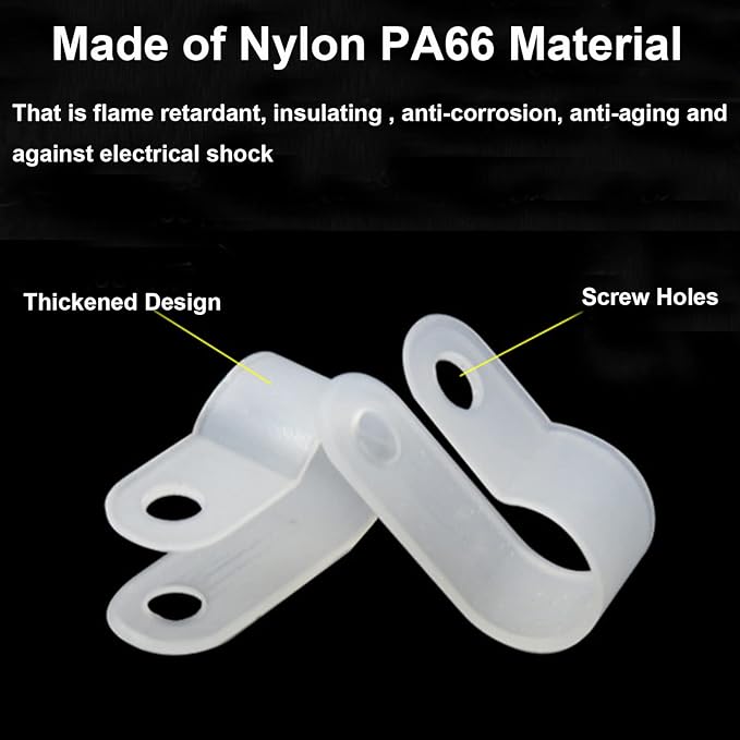 200 Pcs White Nylon R-Type Cable Clamp 3/8 Inch Cable Organizer Assortment Kit for Wire Management