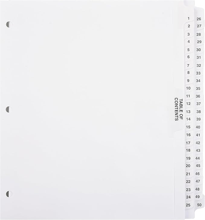 Exhibitindexes® Numbered Dividers 1-50 Punched - AVE Style Bold Tabs - Side Collated Exhibit Tabs - Made in The USA | Letter Size - 1-50 - Sets