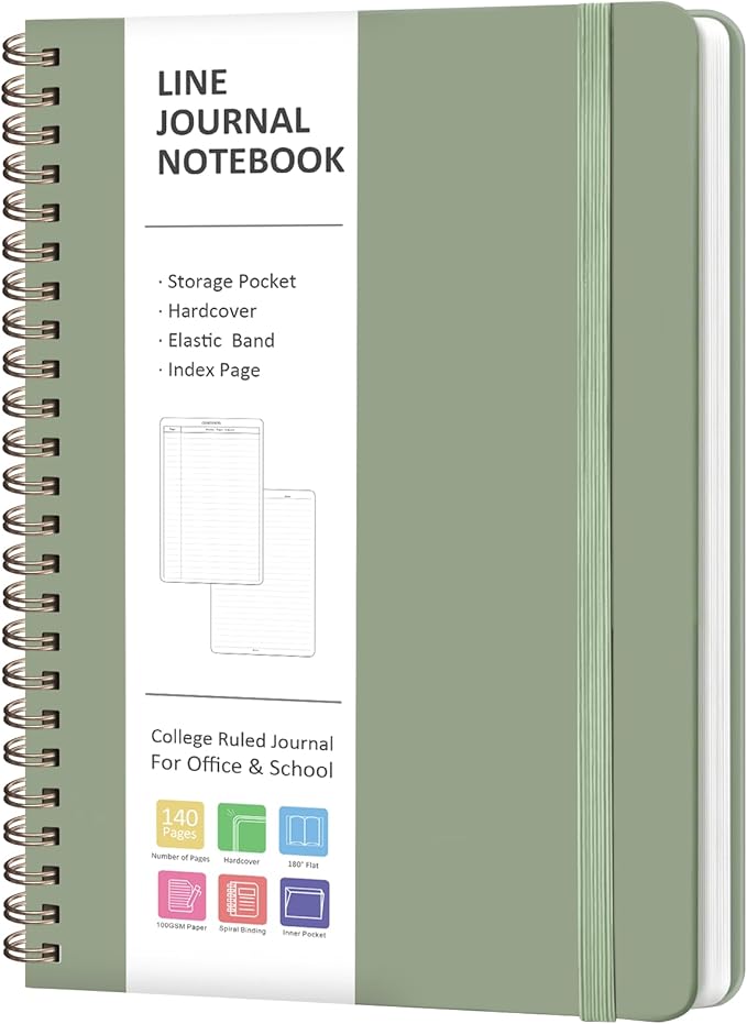 Journaling Notebooks, A5 Lined Spiral Notebook for Women & Men, 146 Pages College Ruled Hardcover Note Book for Work, Note Taking, Journaling, School, Writing (GREEN)
