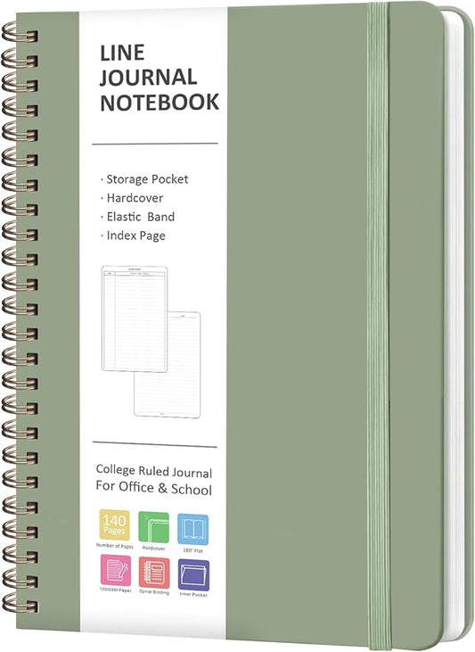 Journaling Notebooks, A5 Lined Spiral Notebook for Women & Men, 146 Pages College Ruled Hardcover Note Book for Work, Note Taking, Journaling, School, Writing (GREEN)
