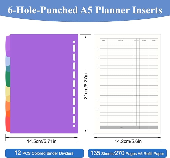 Antner A5 Finance Refill Paper Planner Refills, 135 Sheets 6-Hole Finance Records Loose Leaf Filler Paper with Binder Dividers for A5 6-Ring Budget Binder, Refillable Notebook, Accounting Book Inserts