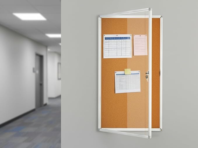 BIBOC Enclosed Bulletin Board,Lockable Cork Noticeboard with Aluminum Frame, Secure Display Case for School Office,Wall Display Case with Lock (Cork, 24×36 inches)