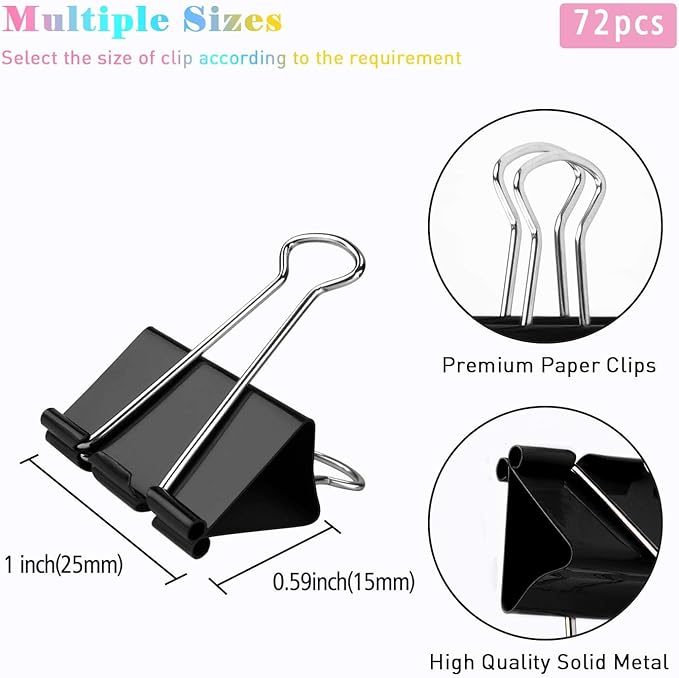 Office Binder Clips - 1 Inch, 72 Pack, Black, 0.47 Inch Capacity, Standard 25mm ClampsOffice Binder Clips - 1 Inch, 72 Pack, Black, 0.47 Inch Capacity, Standard 25mm Clamps