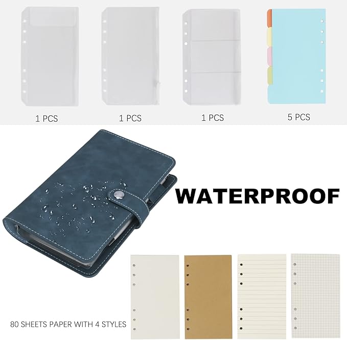 FYY A6 Binder Refillable Planner Notebook 6 Ring PU Leather Binder Journal with Pockets, Dividers, Refill Paper Navy