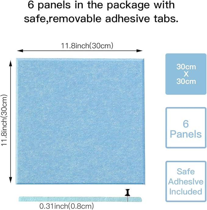 Large Cork Board Alternative, 11.8''x11.8'' 6 Pack Felt Bulletin Board with Safe Removable Adhesive Tabs, Connectable Felt Wall Tiles Bulletin Boards Cork Boards for Walls Pin Board Tack Board-Blue