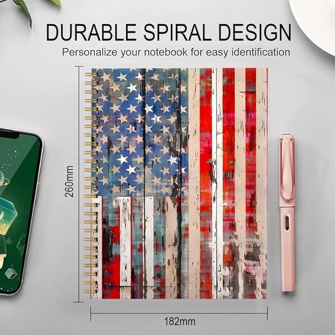 Spiral Journal Notebook for Women,A5 College Ruled Notebooks 6"x 8.4", 120 Pages (60 Sheets) Lined Journal with Premium Thick Paper,Perfect for School Office Home(Old American Flag)