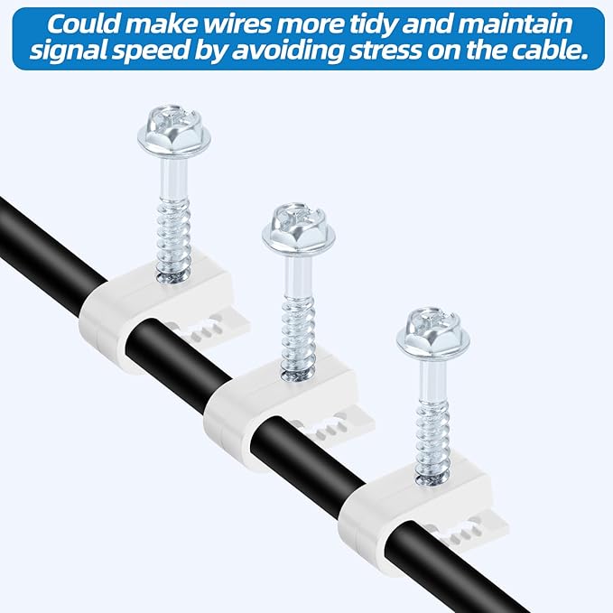 White Cable Clips with Inserted Screws, Flexible Single Cable Screw Clips, Electrical Wire Fastener, 100 PCS