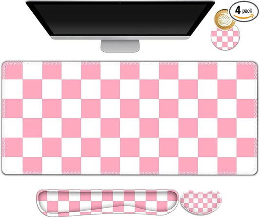 Pastel Pink White Checker Mouse Pad Set, 4 in1 Ergonomics Keyboard Desk Mat with Memory Foam Wrist Rest, Extended Game Mousepad, Non-Slip Large Gaming Desk Pad Matt Easy Typing Pain Relief