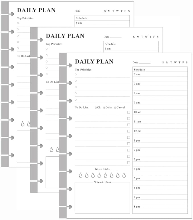 (3-Pack) Classic Size Discbound Daily Planner Refill Paper, 9-Disc Discbound Pre-punched Happy Planners Insert, 300Sheets/600Pages To Do List Planner Refill, 100gsm White Paper, 7" x 9.25"