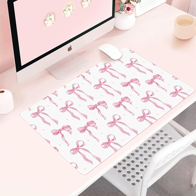 Pink and White Mouse Pad, Desk Mat Pink Bow Keyboard Mat Cute Office Accessories Computer Mat, Non-Slip Rubber Base Large Mousepad Laptop Pad, Girly Desktop Mat Office Décor 23.6 x 11.8in