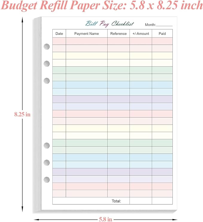 Payment Checklist Refills - 50 Sheets/100 Pages Colorful Monthly Budget Forms for A5 Binder, 6 Hole Punched, 100 gsm White Paper, 5.8" x 8.3"