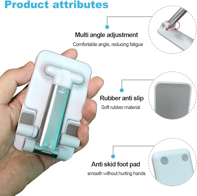POQOD Foldable Cell Phone Stand for Desk, Fully Adjustable Phone Holder for Desk Compatible with iPhone 16 15 14 13 12 11, Nintendo Switch, All Phones, (White)