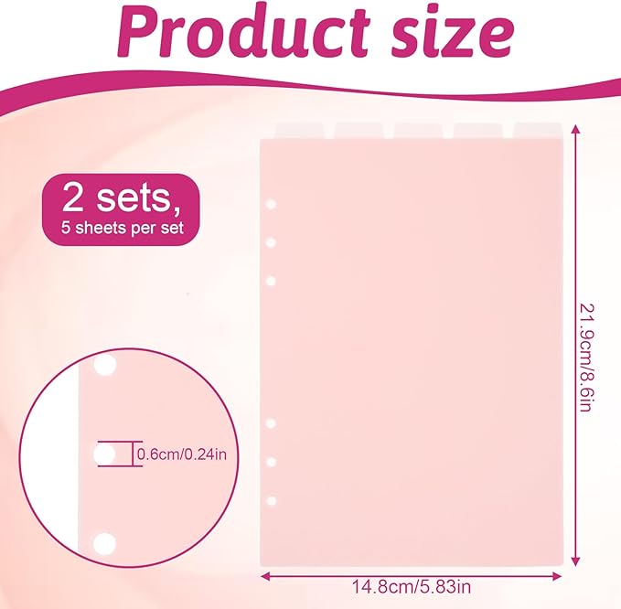 2 Set 6-Ring A5 Binder Dividers, Top 5 Tabs Plastic Binder Index Dividers for 6-Holes Ring Binders, Planner Insets Pink Vertical Tabs Divider Page Protectors for School Office Home Notebook Planner