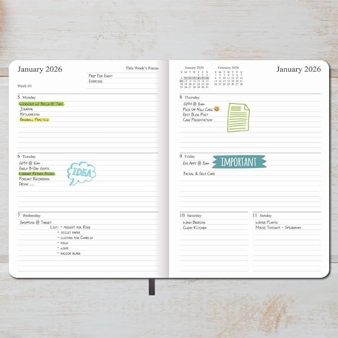 2026 Planner - Weekly and Monthly Planner, Jan 2026 - Dec 2026, Vegan Leather Cover, Elastic Closure, 8.5"x11", Grey