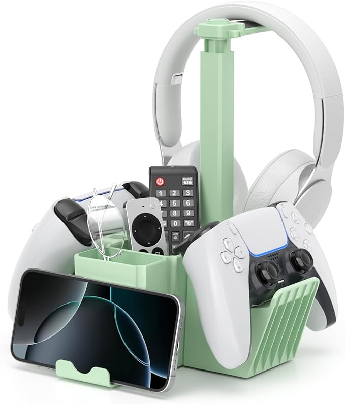 KDD Dual Controller Holder with Headphone Stand - Multi-Functional Desk Storage Box with Phone Holder - Universal Controller Stand with Desktop Organizer for Remote Control Pen Accessories(Green)