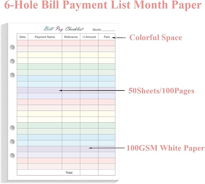 (2-Pack) Payment Checklist Refills - 100 Sheets/200 Pages Colorful Monthly Budget Forms for A5 Binder, 6 Hole Punched, 100 gsm White Paper, 5.8" x 8.3"