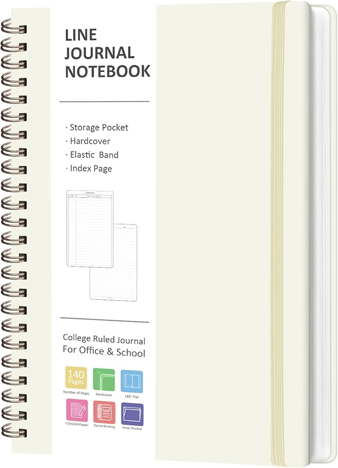 VALOME Journaling Notebooks, A5 Lined Spiral Notebook for Women & Men, 146 Pages College Ruled Hardcover Note Book for Work, Note Taking, Journaling, School, Writing (Beige)