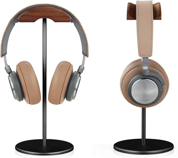 Headphone Stand, Walnut Wood & Aluminum Headset Stand, Nature Walnut Gaming Headset Holder with Solid Heavy Base for All Headphone Sizes (Black)