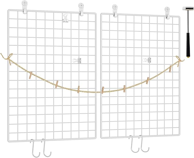 C&AHOME Photo Wall Display Set of 2, Grid Panel with Hooks, Clips, Hemp Cord, Hammer - 17.7" x 25.6", White UWWGM4565W