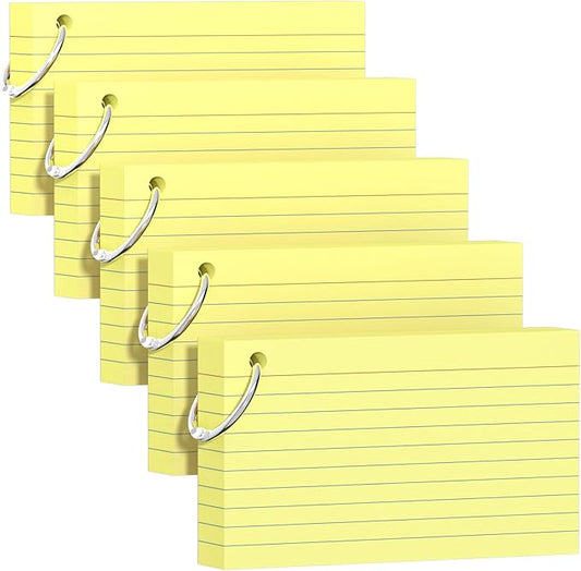 250 Count Yellow Index Cards 3x5 Inch with Key Ring, Color Flash Index Card (50 Sheets Each), Durable & Portable Note Taking for Students, Teachers, Study Note Cards for Office Home School