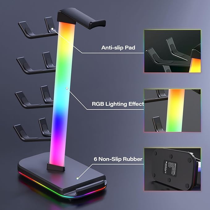Controller Holder 5 Tier Headphone Stand Gaming Headset Holder RGB PC Gaming Accessories for Desk, Cool LED Headset Stand with 2 Type-C Outport, 1 USB Charger for Gamer, Black