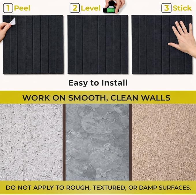 – Felt Wall Tiles 11.8"x11.8", Decorative Felt Boards, Pin Boards with Level & Adhesive Tabs, Bulletin & Photo Board for Office, Dorm, Classroom, Home (Set of 12) – Black