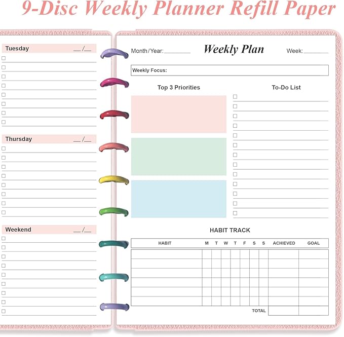 9 Disc Weekly Planner Undated Refills - Classic Size 53 Sheets/106 Pages Colorful Weekly Planner for Happy Planners Insert, 100 gsm White Paper, Lasts 1 Year, Undated, 7" x 9.25"