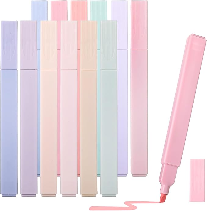 12 Pack Assorted Colors Pastel Highlighters, Aesthetic Highlighter With Chisel Tip Cute Water Based Quick Dry No Bleed for Journals, Bibles, Notebooks, School Office Supplies