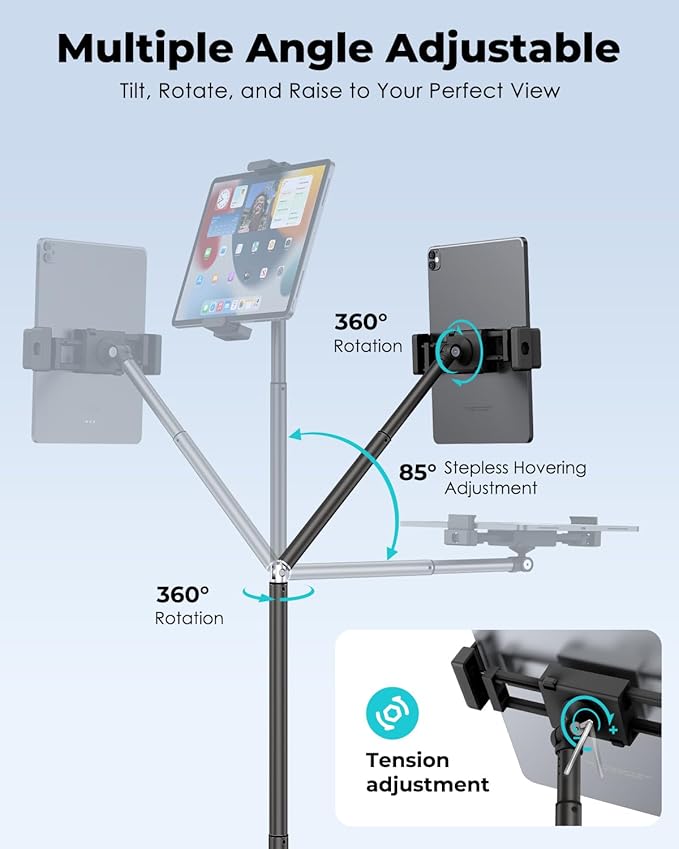Viozon Tablet Floor Stand, Height & Angle Adjustable Tablet Holder with Aluminum Alloy Arm Tube, 360° Rotation for Bed, Sofa, Desk, Compatible with 3.5-11'' iPad Pro/Air/Mini, iPhone 15/14, Kindle，B