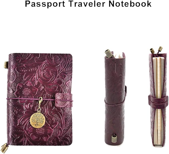 Refillable Leather Journal, Handmade Purple Leather Notebook with Bookmark for Men & Women, Vintage Notepad Sketchbook Perfect for Writing, Gifts, Travelers (Purple, Passport)