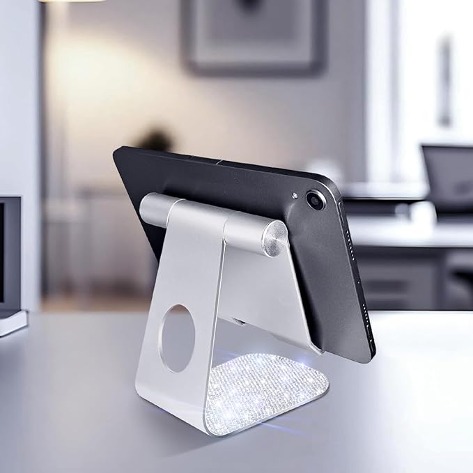 Bling Crystal Tablet Stand for Desktop,Glitter Adjustable Tablet Holder,Stand Dock Holder Compatible with iPad Pro 11,9.7,10.5,12.9 Air Mini 4 3 2, Kindle, Nexus,4-13" Tablets (Silver)