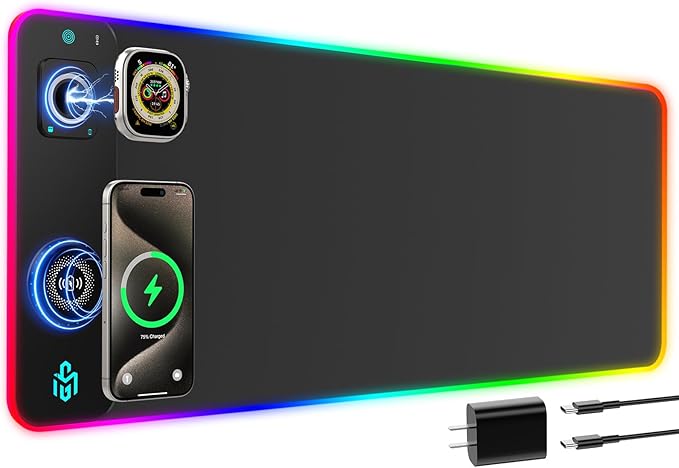 GIM RGB Gaming Mouse Pad with Simultaneous Charging for Phone & iWatch, LED Mouse Mat 800x300x4MM, 14 Light Modes, Non-Slip Rubber Base, Computer Keyboard Mat for Gaming, 20W PD Adapter Included