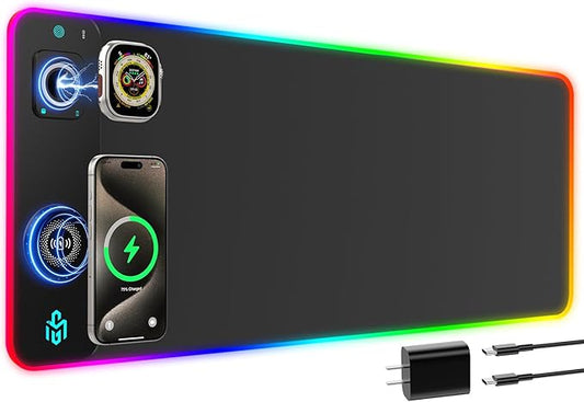 GIM RGB Gaming Mouse Pad with Simultaneous Charging for Phone & iWatch, LED Mouse Mat 800x300x4MM, 14 Light Modes, Non-Slip Rubber Base, Computer Keyboard Mat for Gaming, 20W PD Adapter Included