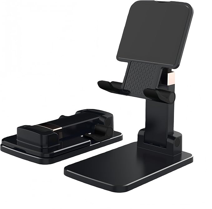Foldable & Height Adjustable Phone Stand for Desk, Super Stable Cell Phone Holder, Universal for iPhone/iPad/Tablets, Portable Pocket-Sized Stand for Home Office Kitchen - Black