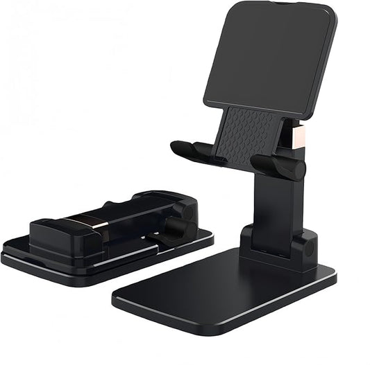 Foldable & Height Adjustable Phone Stand for Desk, Super Stable Cell Phone Holder, Universal for iPhone/iPad/Tablets, Portable Pocket-Sized Stand for Home Office Kitchen - Black