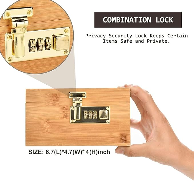 OZCHIN Large Bamboo Box with Combination Lock Decorative box for Home Great Gift Choice Storage Lockbox with Storage Jar, Christmas Gifts for Men Women (Brown, 6.7 x 4.7 x 4 inches)