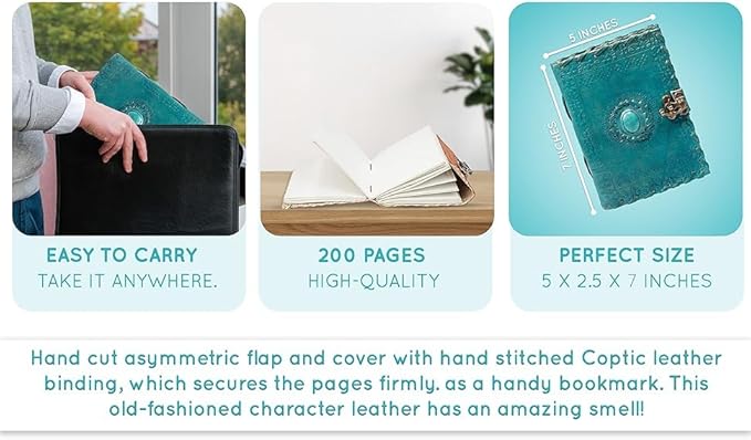 TUZECH Leather Journal Large Writing Notebook Handmade Bound Vintage Journal For Women & Men with Lock/Semi-Precious Stone Gift For Art Sketchbook (7 x 5 Inches)