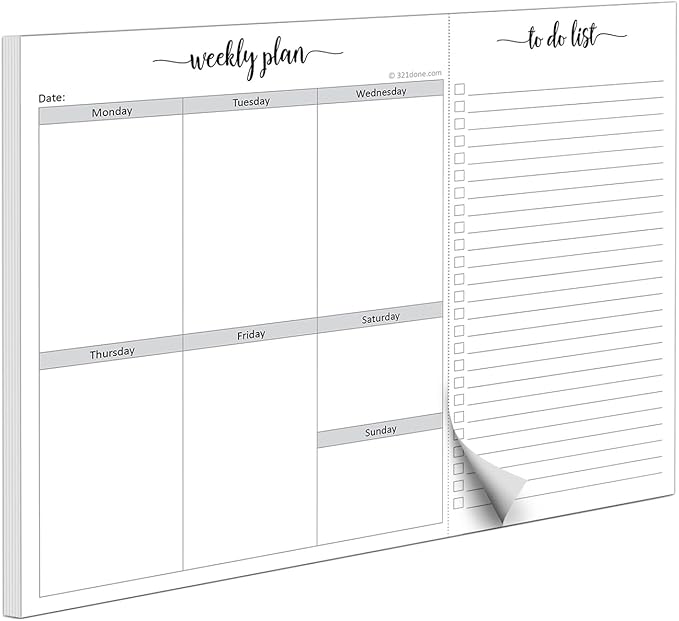 321Done Weekly Plan Checklist Notepad - 50 Sheets (8.5x11) Perforated To Do Memo Pad - Made in USA (With Headers)