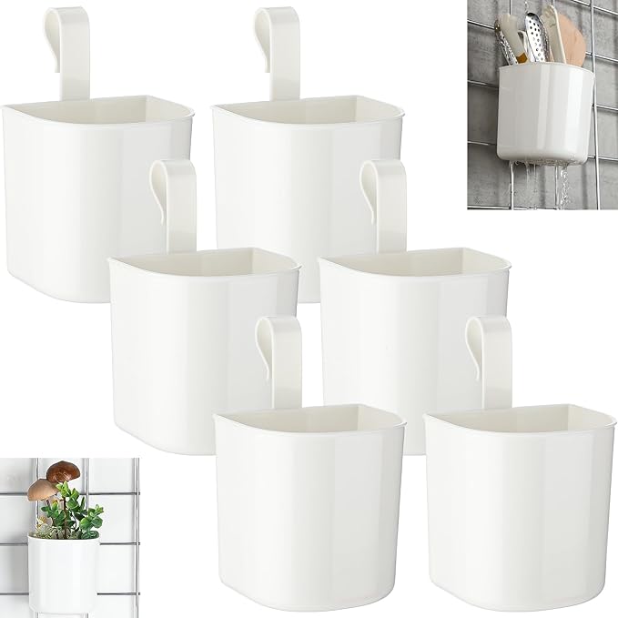 6 Pcs Grid Wall Baskets for Storage Grid Panel Accessories Hanging Bins Gridwall Cups for Kitchen and Bathroom, Hanging Baskets for Organizing, White