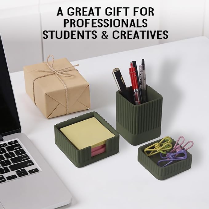 Aesthetic Concrete Desk Organizer Set of 3 - Stylish & Durable Office Accessories - Includes Pen Holder, Paperclip Storage, and Sticky Note Holder for a Clean, Modern Workspace (Green)