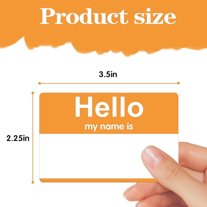 3.5" x 2.25" Name Tags Sticker, 200Pcs Hello My Name is Stickers, Orange Name Badge Name Tags Label for Office, Meeting, School, Teachers and Mailing