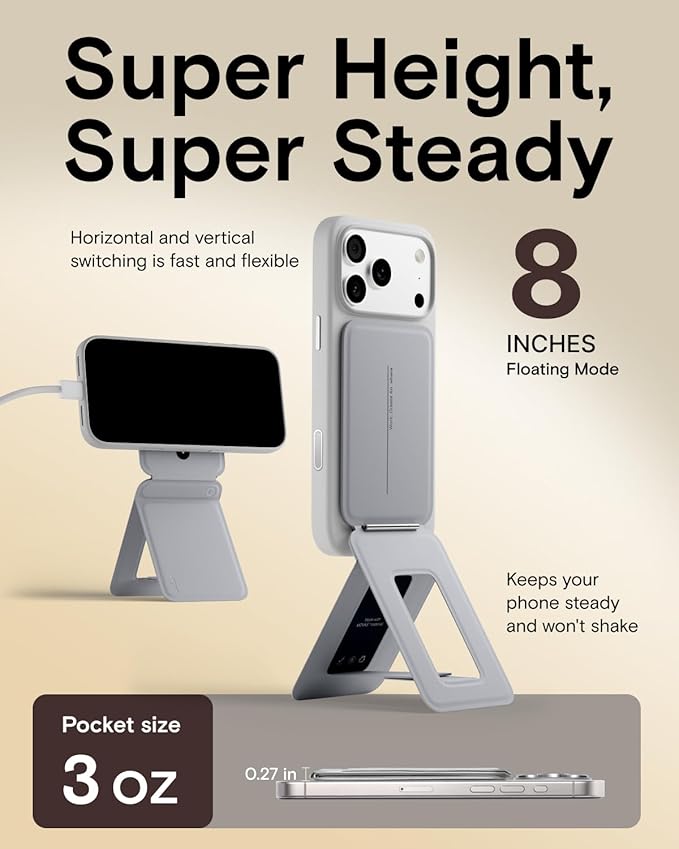MOFT Phone Stand, Magnetic Phone Tripod Stand Stain-Resistant MOVAS Leather & Angle Adjustment & Strong Magnets Tripod for iPhone 17/16/15/14/13/12 (Included Metal Ring)-Cement