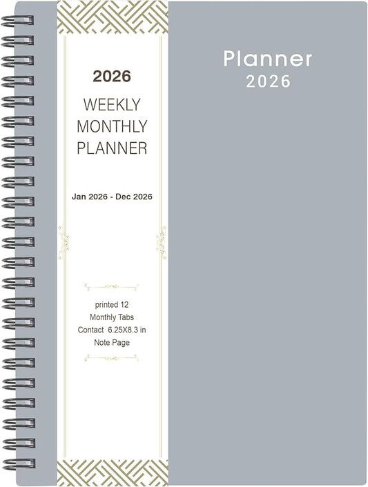 2026 Planner - Planner 2026 with Weekly & Monthly Spreads, Jan 2026 - Dec 2026, 6.25" × 8.3", Strong Twin-Wire Binding, Round Corner, Flexible Cover, Monthly Tabs - Grey