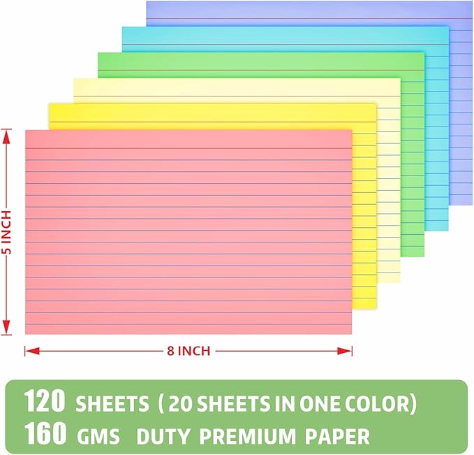 Colored Index Cards 5x8, 120 Count, 6 Color Large Index Cards Ruled, Flash Cards for Studying, large note cards 5x8 for Studying, Recipes, Memo Cards, Office Supply, DIY, Presentation